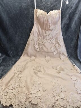 Jovani Champagne Strapless Formal Dress Floor Length Floral Lace Applique Sz 10